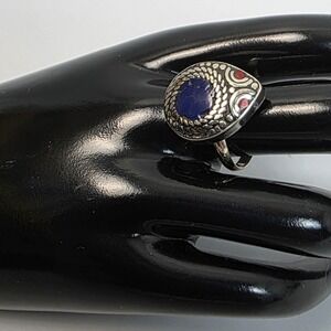 Tibetan Handmade Lapis & Red Coral Gemstone Ring Size 9 Boho Style #880